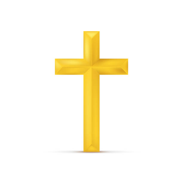 illustrazioni stock, clip art, cartoni animati e icone di tendenza di croce cristiana d'oro. croce realistica isolata sullo sfondo. illustrazione vettoriale. - cross cross shape shiny gold