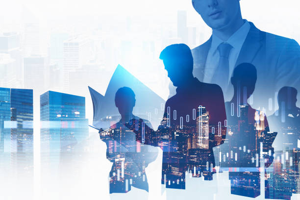 istock Man with folder and team in city and graph 1303465772