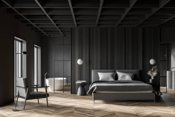 istock Gray and wooden master bedroom interior 1303466061