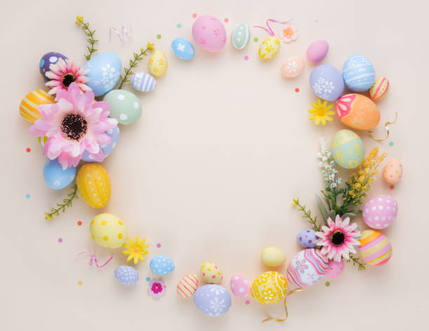 istock Happy Easter day colorful eggs and flower decoration on paper background with copy space 1303466072