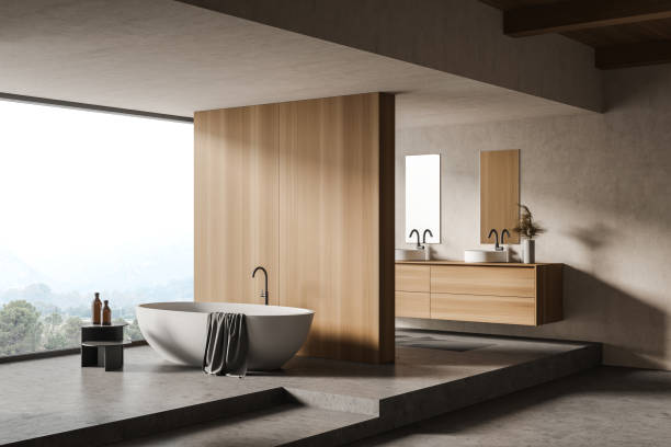 istock Modern white bathroom corner with sink and tub 1303466191
