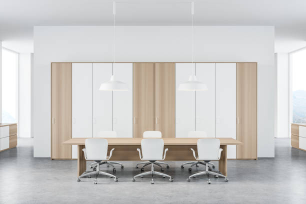 istock White and wooden meeting room interior 1303466358