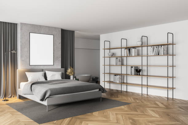 istock White and concrete bedroom corner with poster 1303467877