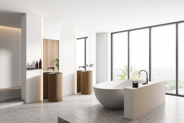 istock Luxury panoramic bathroom corner with tub and sink 1303467893