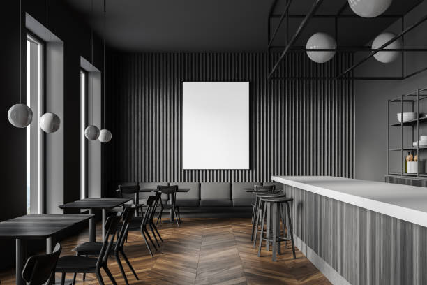 istock Dark gray cafe interior with bar, tables and poster 1303469343