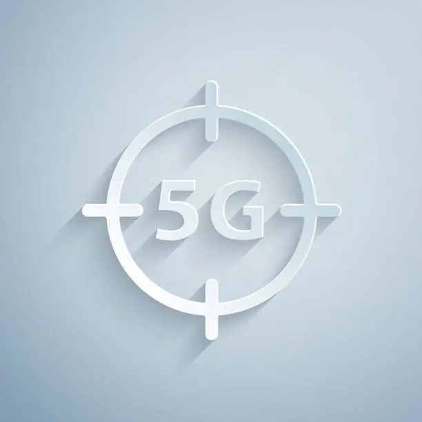 Vector illustration of Paper cut 5G new wireless internet wifi connection icon isolated on grey background. Global network high speed connection data rate technology. Paper art style. Vector