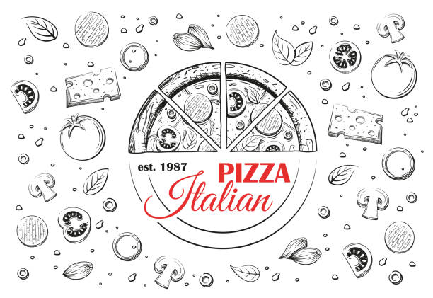 skizze der italienischen pizza und logo - mozzarella stock-grafiken, -clipart, -cartoons und -symbole