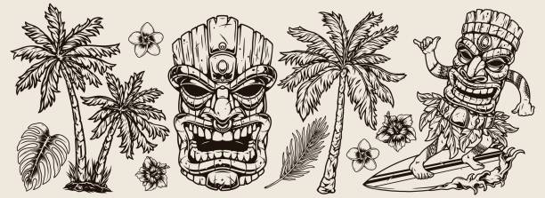 Surfing vintage composition Surfing vintage composition with palm trees plumeria hibiscus flowers monstera leaves surfer in tiki mask riding wave and showing shaka gesture isolated vector illustration tiki mask stock illustrations