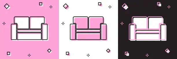 Vector illustration of Set Cinema chair icon isolated on pink and white, black background. Vector