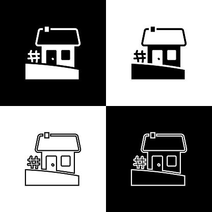 Set Old Ukrainian house hut icon isolated on black and white background. Traditional village house. Vector.