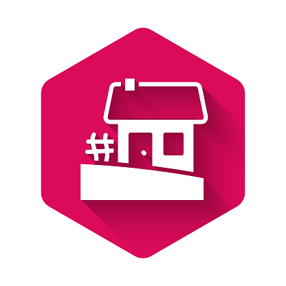 White Old Ukrainian house hut icon isolated with long shadow. Traditional village house. Pink hexagon button. Vector.