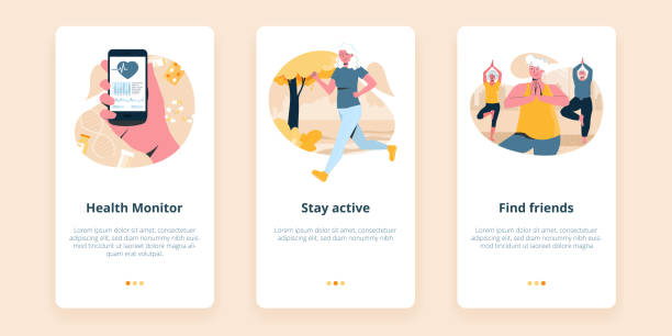 istock Three vector screens for mobile senior wellness app illustrating a health monitoring, finding friends and engaging in different activities. Modern lifestyles. 1303472473