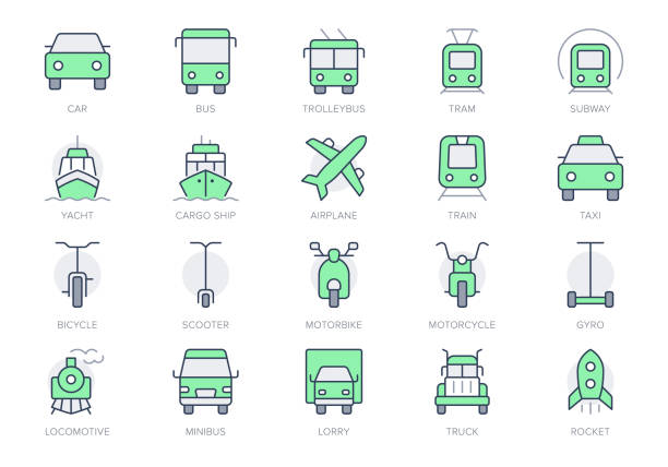 Transport front view simple line icons. Vector illustration with minimal icon - ship, bus, van, scooter, tram, airplane, subway, trolleybus, underground. Green Color Editable Stroke Transport front view simple line icons. Vector illustration with minimal icon - ship, bus, van, scooter, tram, airplane, subway, trolleybus, underground. Green Color Editable Stroke. front view illustrations stock illustrations