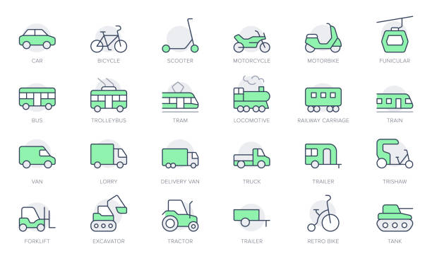 Transport side view simple line icons. Vector illustration with minimal icon - bike, tram, train, electric scooter, trolley, railway, motorbike, trailer, excavator. Green Color, Editable Stroke Transport side view simple line icons. Vector illustration with minimal icon - bike, tram, train, electric scooter, trolley, railway, motorbike, trailer, excavator. Green Color, Editable Stroke. bus livery stock illustrations