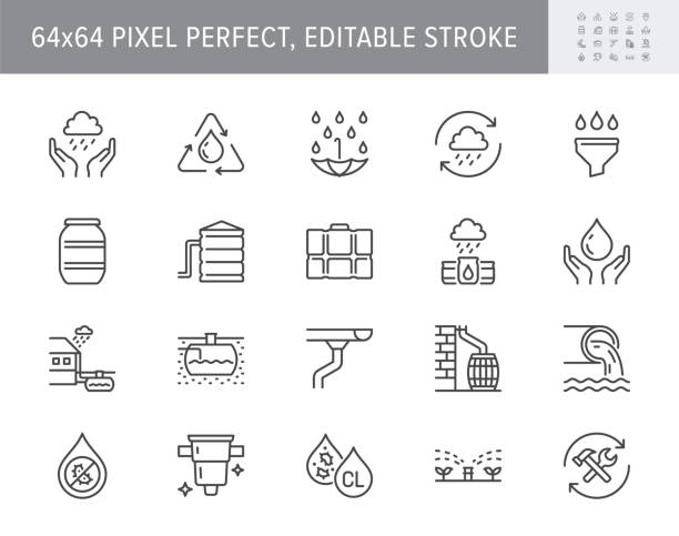 Rainwater harvesting line icons. Vector illustration include icon - barrel, stainless steel reservoir, liquid drainage outline pictogram for water recycling. 64x64 Pixel Perfect, Editable Stroke Rainwater harvesting line icons. Vector illustration include icon - barrel, stainless steel reservoir, liquid drainage outline pictogram for water recycling. 64x64 Pixel Perfect, Editable Stroke. sewage treatment plant stock illustrations