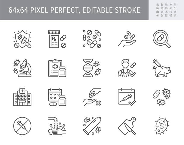 ilustrações de stock, clip art, desenhos animados e ícones de antibiotic resistance line icons. vector illustration include icon pills, bacteria, genetics, injection, immunization calendar outline pictogram for medication. 64x64 pixel perfect editable stroke - pill