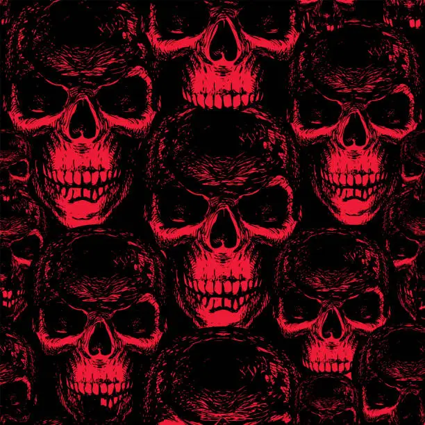 Vector illustration of seamless background with hand drawn human skulls