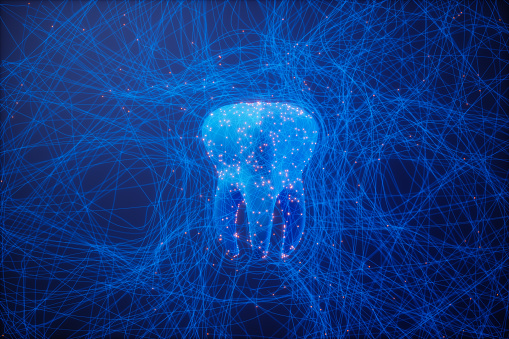 Human Tooth With Red Dots On The Blue Plexus Background.