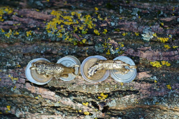 A metal tiger and a bull on a stack of coins.