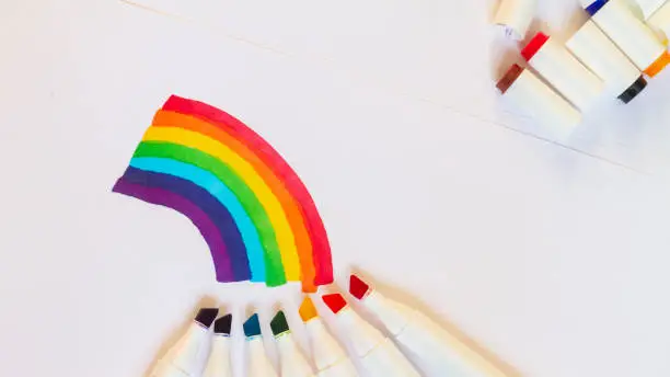 Photo of Colorful rainbow drawn on a piece of paper Markers for sketching