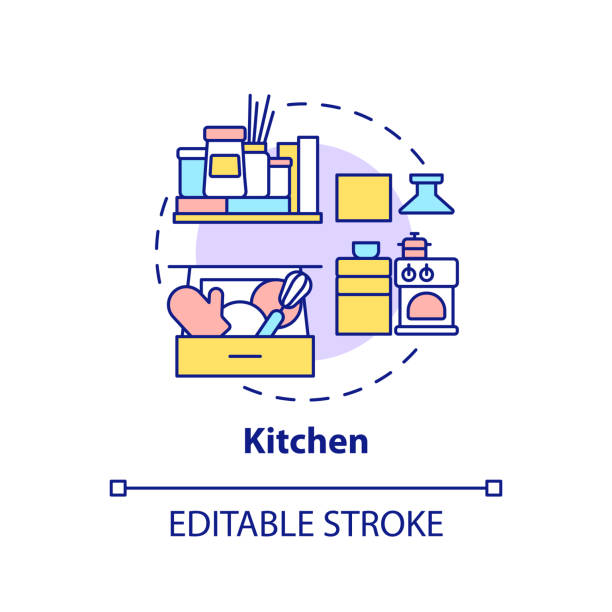 Cooking area concept icon Cooking area concept icon. Kitchen decluttering checklist and advices idea thin line illustration. Household organization. Vector isolated outline RGB color drawing. Editable stroke complexity messy chaos house stock illustrations