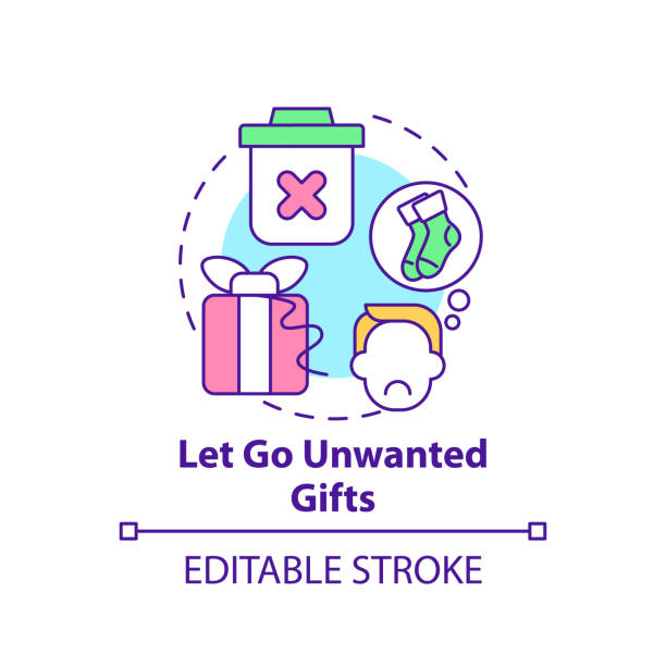 Let go unwanted gifts concept icon Let go unwanted gifts concept icon. Declutter and minimize trash in house idea thin line illustration. Joy of belonging things. Vector isolated outline RGB color drawing. Editable stroke complexity messy chaos house stock illustrations