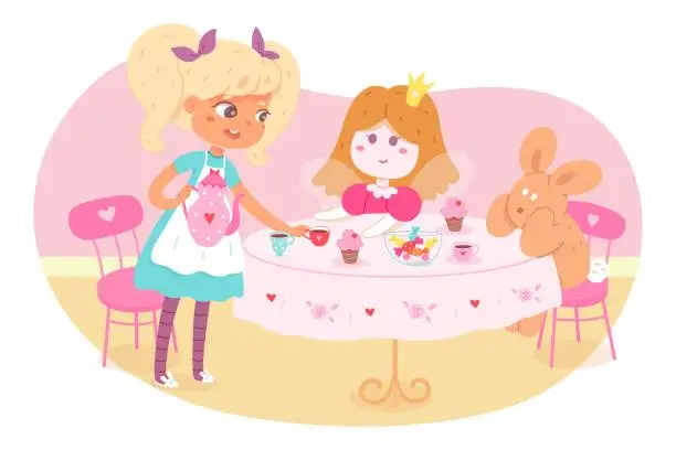 Vector illustration of Girl drinking tea with toys at home. Little child playing game indoor vector illustration. Hapy kid, doll and rabbit having tea party at table with cups, teapot, cakes and teapot