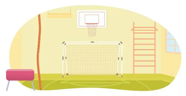Vector illustration of Gym for physical education lessons at school background. Room for PE with sports equipment vector illustration. Interior design with rope, gate for football, basket, ladder with bar