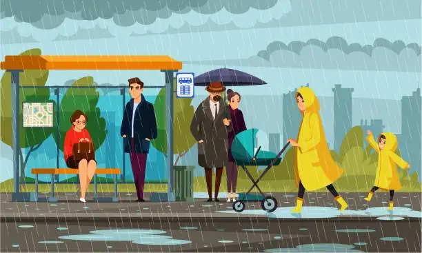 Vector illustration of People in rainy weather at bus stop. Man and woman under umbrella, girl and businessman sheltering under roof, mother in raincoat with child and stroller. Traveling in transport vector illustration