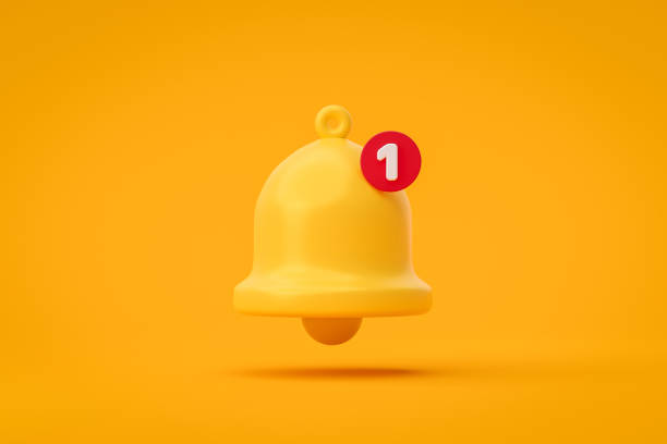 istock Notification message bell icon alert and alarm on yellow background with smartphone reminder. 3D rendering. 1303480308