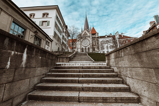 Steps Leading To Notre Dame Cathedral In Lausanne, Switzerland