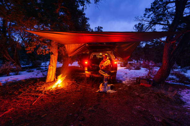 istock Car Camping Bushcraft with Tarp in Winter 1303486855
