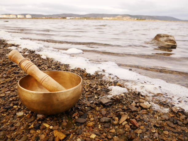 istock Singing bowl set on a pebble beach with the sea in background 1303486870
