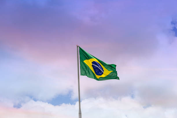 флаг бразилии развевается на ветру. - бразильский флаг стоковые фото и изображения