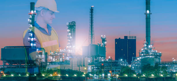 istock Composite image with an engineer over Oil&Gas refinery Background 1303488361