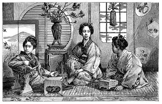 Japan noblewoman or lady in kimono with maids. Vintage antique black and white illustration. 19th century.