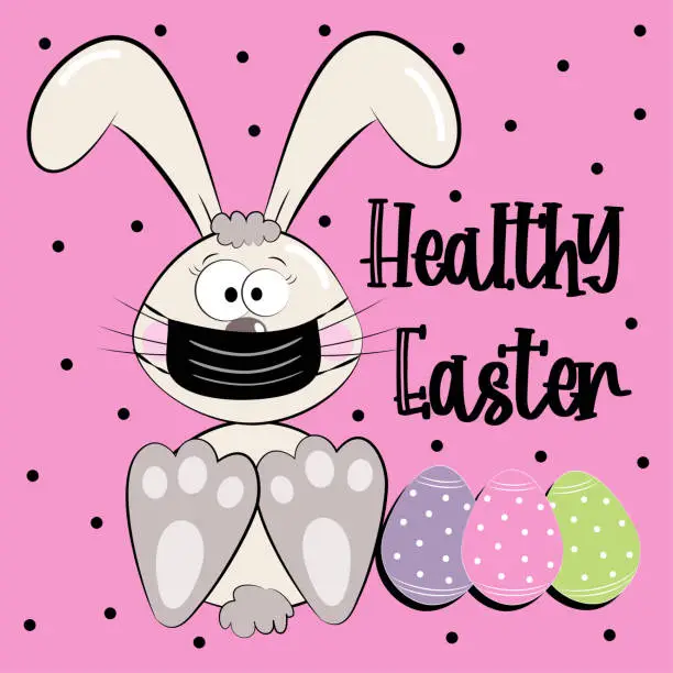 Vector illustration of Healthy Easter - funny bunny in face mask with eggs in covid-19 pandemic self isolated period.