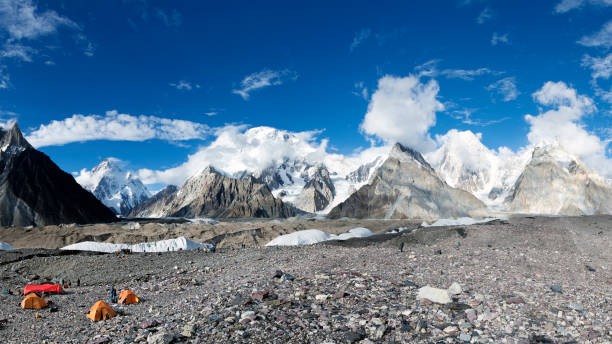 K2 mountain, Broad peak and Gasherbrum massif from Concordia campsite, K2 base camp trek stock photo