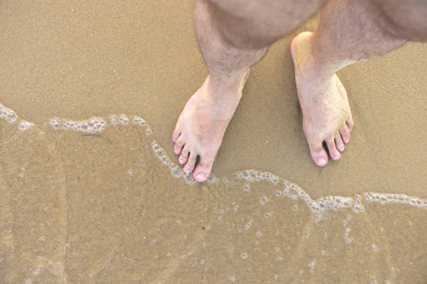 istock Men feet on the sand 1303492701