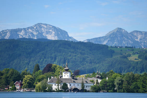 Seeschloss Ort on Traunsee in Gmunden in spring The Seeschloss (Lake castle) Ort on Traunsee in Gmunden in Spring (Salzkammergut, District Gmunden, Upper Austria, Austria) seeschloss stock pictures, royalty-free photos & images