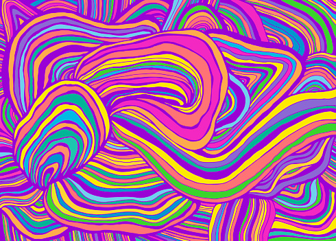 Neon pastel colorful simple abstract tabby rainbow psychedelic waves pattern. Fantastic art with decorative texture. Surreal doodle pattern. Vivid stripe, maze wave of ornaments. Vector hand drawn illustration.