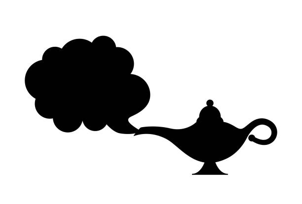 ilustrações, clipart, desenhos animados e ícones de lâmpada aladim ícone vetor mágico fumaça. aladin genie lamp bottle wish ilustração de desenho animado - genie