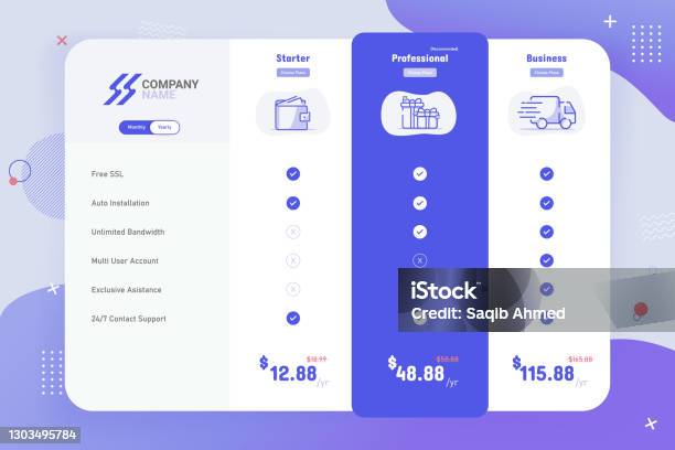 New Modern 3 Plan Pricing Table Template Design Stock Illustration - Download Image Now - Table, Comparison, Price