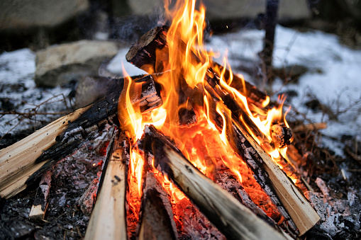 Closeup of burning bonfire. Cold winter evening.
Shot with Canon R5