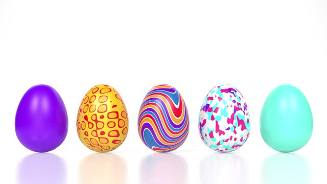 Five different colorful decorated Easter Eggs on reflective white surface. 3D render in 4K resolution.
