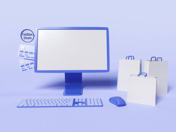 istock 3D Illustration. Computer with paper bags and credit cards. 1303497682