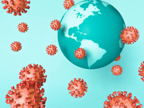 istock 3D Illustration. Coronavirus virus cell around globe earth. 1303497684