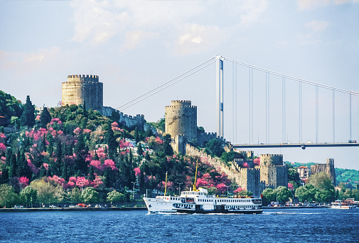 A view of Rumeli Fortress in Spring with Judas trees and Bosphorus Bridge behind it in Istanbul,Turkey.
