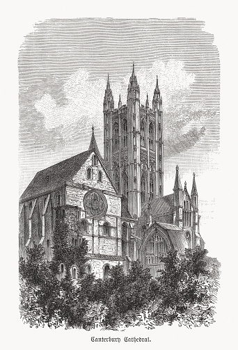 Historical view of Canterbury Cathedral, Kent - one of the oldest and most famous Christian structures in England. Unesco World Heritage site. Wood engraving, published in 1893.
