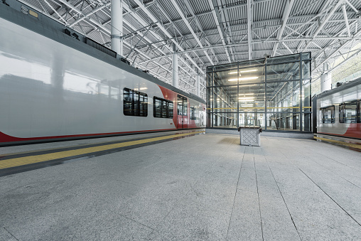 Roza Khutor station, Russia. - October 19, 2020: Passenger trains to Sochi stand by the platform before departure.